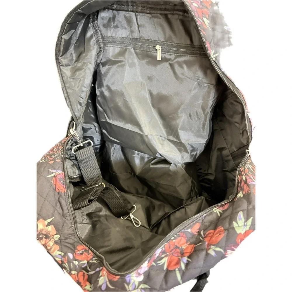 Woman Within Quilted Travel Bag and Matching Compact Mirror Set Black Red Floral